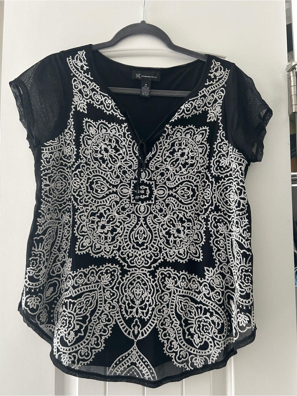 INC International Concepts Black Short-Sleeve Embroidered V-Neck Top